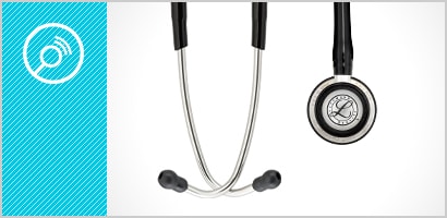 Chestpiece and eartips of a 3M Littmann Classic III Stethoscope plus a chestpiece icon in white on a cyan background.
